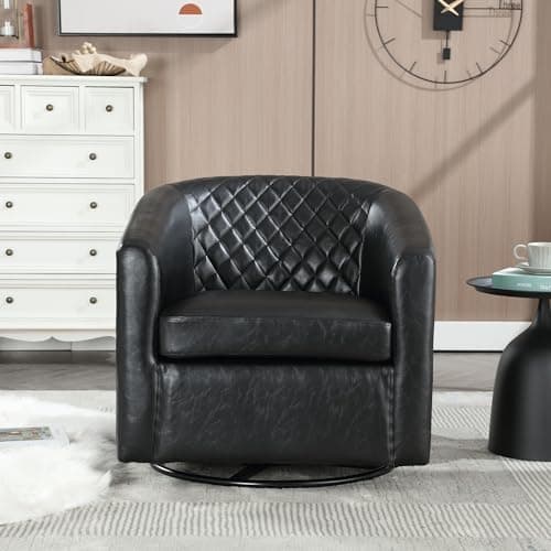 Black Swivel Leather Round Armchair for Living Room & Bedroom