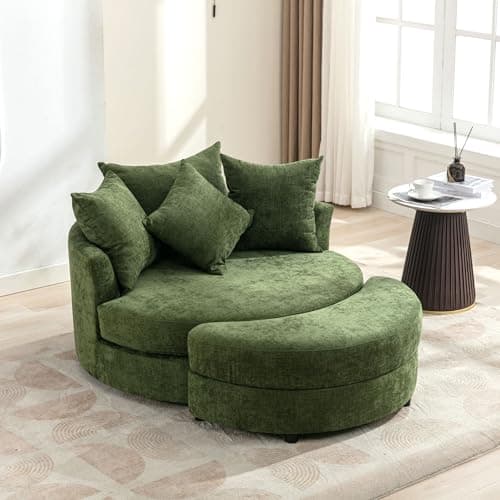Oversized Grey Swivel Chair with Moon Ottoman & 4 Pillows