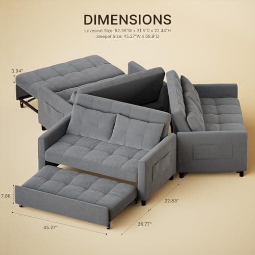 Gizoon 3-in-1 Loveseat Sleeper Sofa Bed with Pull-Out Couch, Linen Fabric, Dark Grey, for Living Room & Apartment