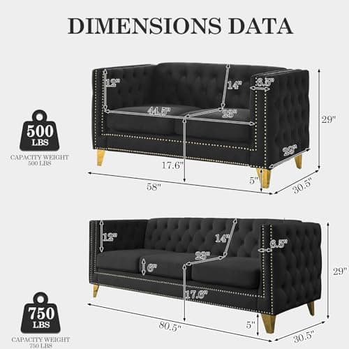 JEEOHEY Chesterfield Velvet 2/3 Seater Sofa, Modern Button Nailhead Furniture