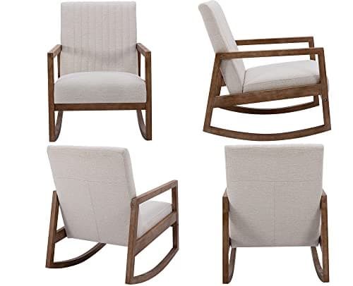 VESCASA Beige Linen Tufted Mid-Century Rocking Chair, Light Walnut Frame, Living Room Nursery Bed RocChair