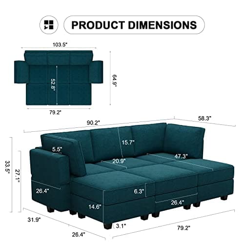 Belffin Reversible Chaise Modular Sofa Bed in Peacock Blue