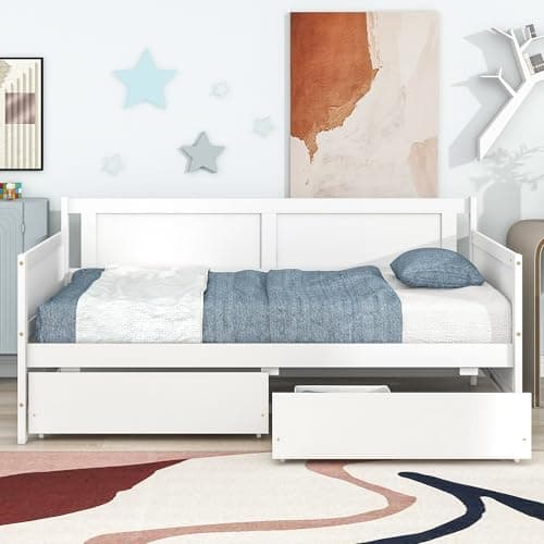 Twin Size Daybed Frame with Storage Drawers, White Wood Bed