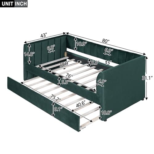 Merax Velvet Daybed with Backrest and Armrests, Green, Twin with Trundle