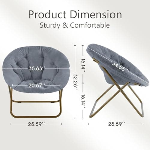 YSSOA Grey Foldable Faux Fur Saucer Chair for Adults & Teens