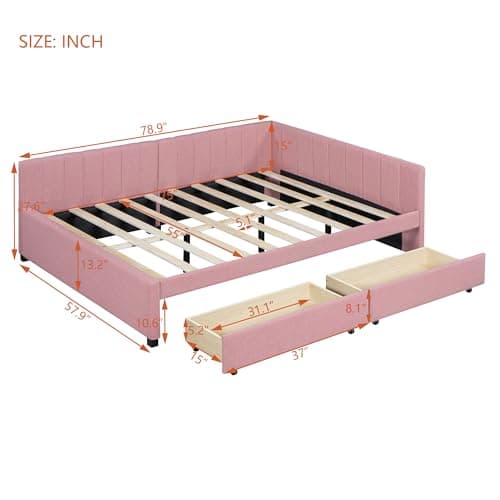 Upholstered Daybed with Storage Drawers - Pink