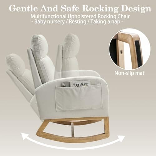 Modern Nursery Rocking Chair with Side Pockets & Solid Wood Legs (Fabric-Beige)