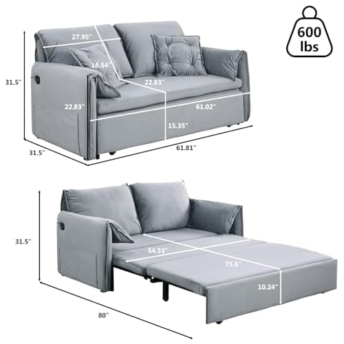 3-in-1 Queen Size Futon Sofa Bed with USB, Side Storage, Grey