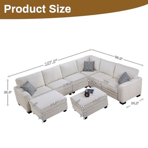 Legend Vansen U-Shaped Corduroy Sectional with Ottoman for Living Room (Cream, U-8)