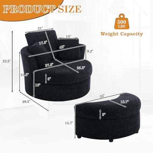 Oversized Black Swivel Accent Chair with Half Moon Ottoman for Nursery, Living Room, and Bedroom