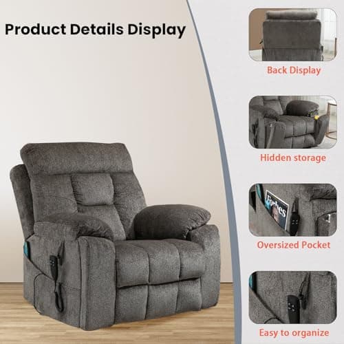 Power Lift Recliner Chair with Massage and Heat for Elderly, Oversized Boy Lazy Electric Recliner - Dark Grey