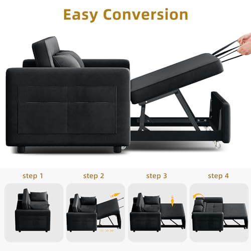 Black 3-in-1 Convertible Sofa Bed with Pull-Out Mattress & Adjustable Backrest