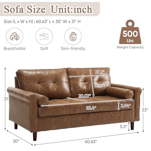 Small Mid-Century Modern Faux Leather Loveseat Sofa for Small Spaces, Living Room, Bedroom