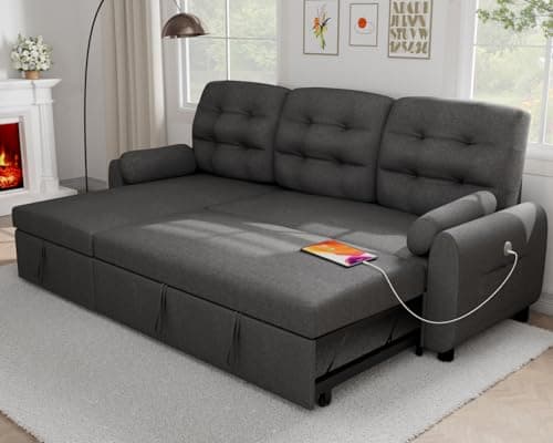 Ucloveria 87" Sleeper Sectional with Reversible Chaise & Storage, Black Linen Couch