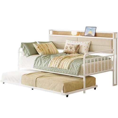 LIKIMIO Sturdy Metal Twin Daybed with Upholstered Headboard & Charging Station, White