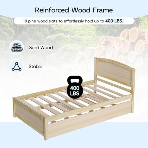 Natural Solid Wood Twin Pull Out Daybed with Trundle and Slat Support