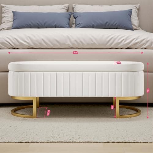 50" Velvet Ottoman Bench, Gold Legs, 300lb Seat, Ivory End Table Bench