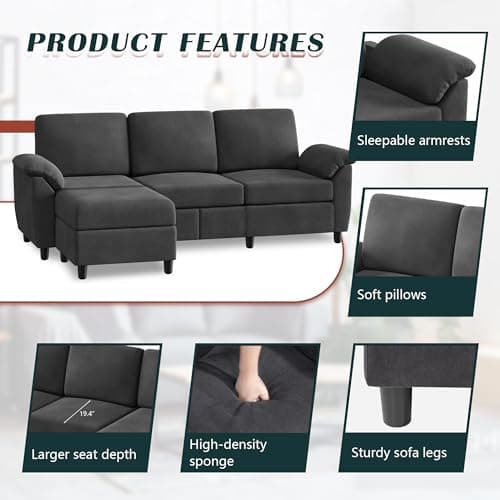 Vongrasig 79" L-Shaped Convertible Sofa, 3 Seater Linen Fabric Couch (Bk)
