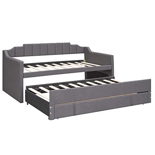 Grey Upholstered Daybed with Trundle and 3 Storage Drawers.