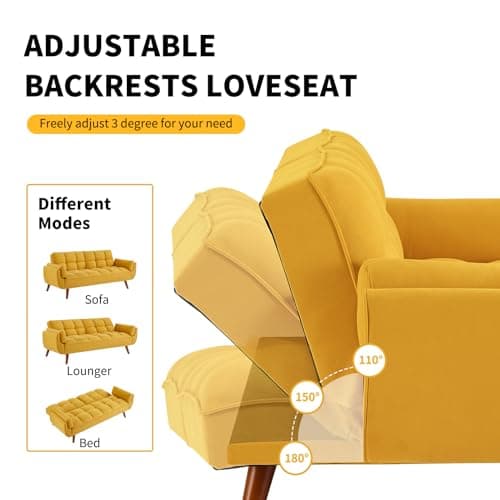 Golden Yellow Convertible Futon Sofa Bed, Linen 75" W 3 Seater with Adjustable Backrests