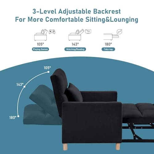 3 in 1 Convertible Sleeper Sofa, Black with Adjustable Backrest