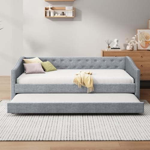 Full Size Upholstered Day Bed with Drawers & Tufted Back, Dark Grey