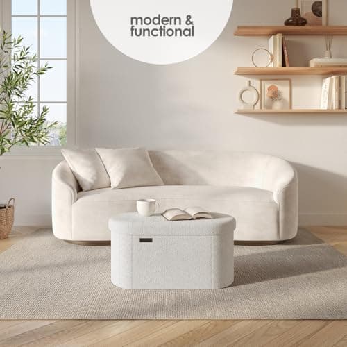 StorageBud White Boucle Oval Ottoman Bench with Storage, 30" Bed End, Foldable Footrest Max 660lbs