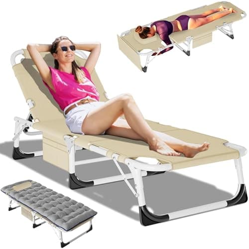 DoCred Heavy Duty Adjustable 5-Position Chaise Lounge Chair for Outdoor Sunbathing Beach Pool Lawn Camping