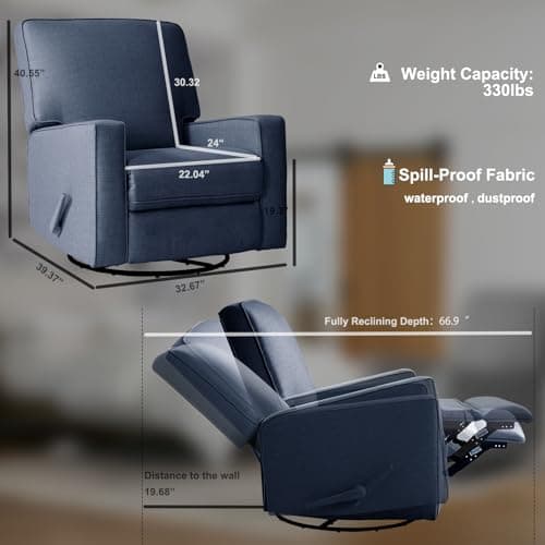 Blue Fabric Rocker Recliner Chair for Nursery and Living Room