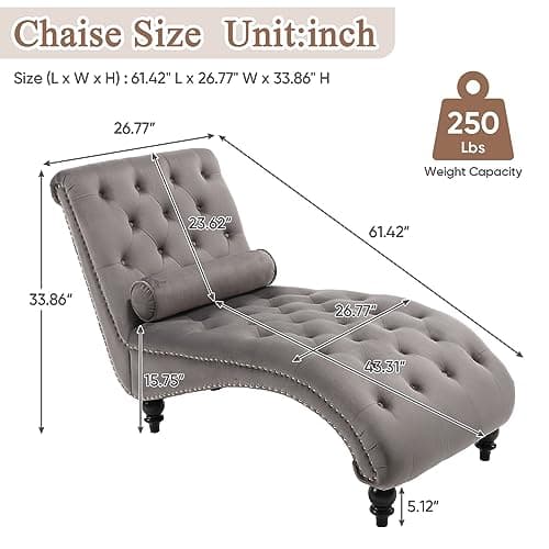 Modern Velvet Chaise Lounge Chair for Living Room or Bedroom - Grey