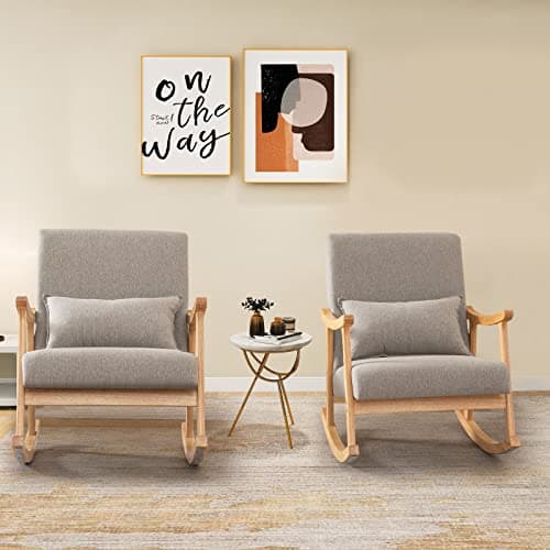 Giantex Modern Rocking Chair - Rubber Wood Frame, Comfy Seat & Backrest, Grey