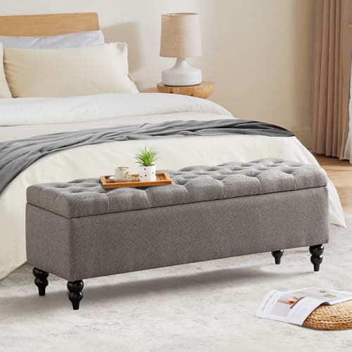 Ivory Upholstered Storage Ottoman Bench with Large Blanket Storage (50.2")