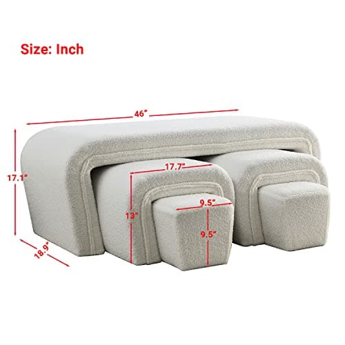 Upholstered Ottoman Bench Set with 2 Small Stools and Footrests