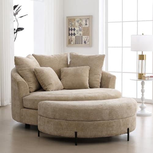Beige Knitted Chenille Oversized Barrel Chair with Wheels & 5 Pillows