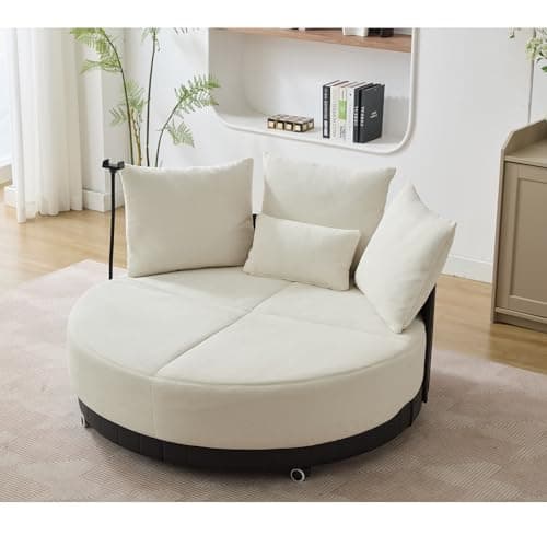 Oversized Round Swivel Chair with Phone Stand and 4 Pillows (Beige)