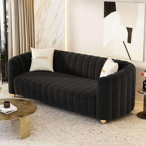 Modern 83.46" Curved Black Velvet Sofa with Gold Legs, 3-Seater for Living Room & Bedroom