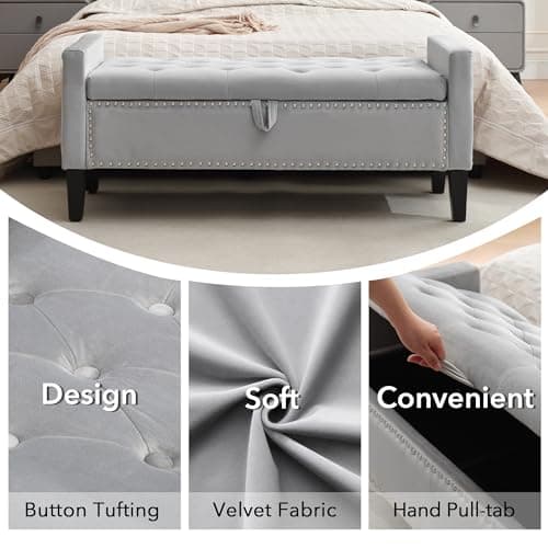 Grey Velvet Button Tufted Storage Ottoman Bench, 45" End of Bed Bench