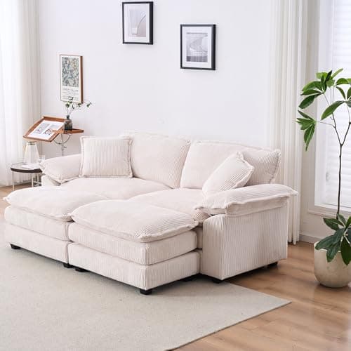 Oversized Cream White Corduroy Chaise Lounge Chair & Ottomans