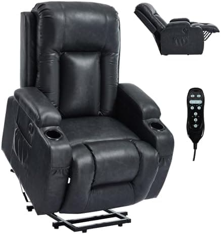 Power Lift Recliner Chair with Heat and Massage for Elderly, Electric Recliner Chairs with Standing Assistance, 2 Cup Holders, 4 Pockets, USB Charge Port, Breathable Leather Brown