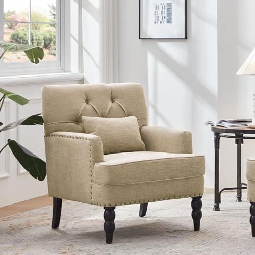 HUIMO Mid Century Modern Brown Studded Tufted Club Chair with Lumbar Pillow