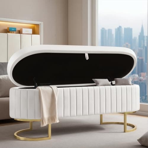50" Velvet Ottoman Bench, Gold Legs, 300lb Seat, Ivory End Table Bench