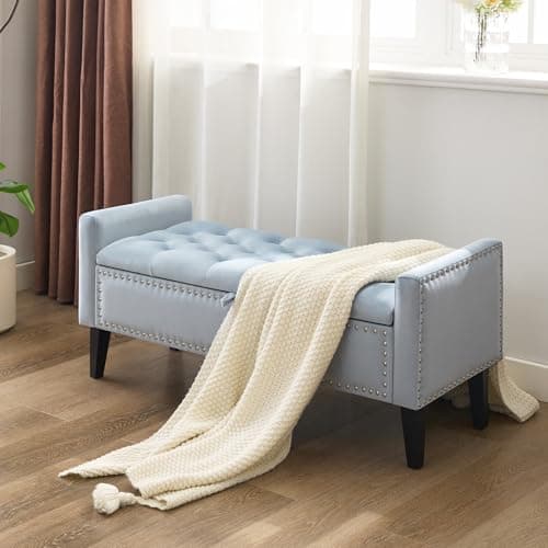 Dusty Blue Velvet Storage Bench with Bedside Ottoman Legs