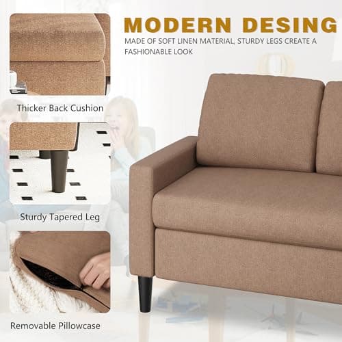 Shintenchi Brown 3 Seat L-Shaped Convertible Sofa with Ottoman, Linen Fabric