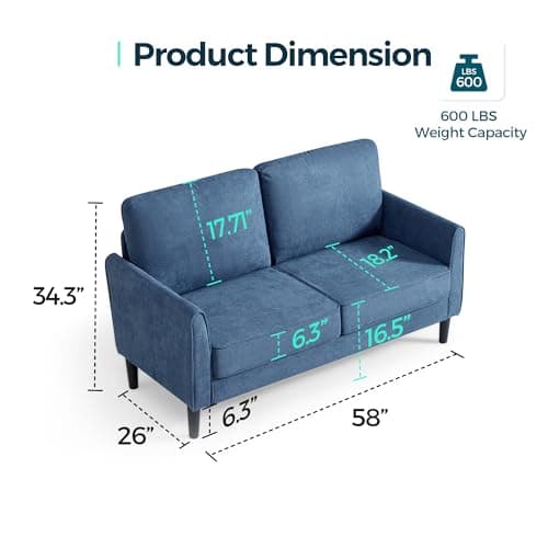 LINSY Blue Loveseat Sofa - Comfortable Small Space Couch with Thick Cushion
