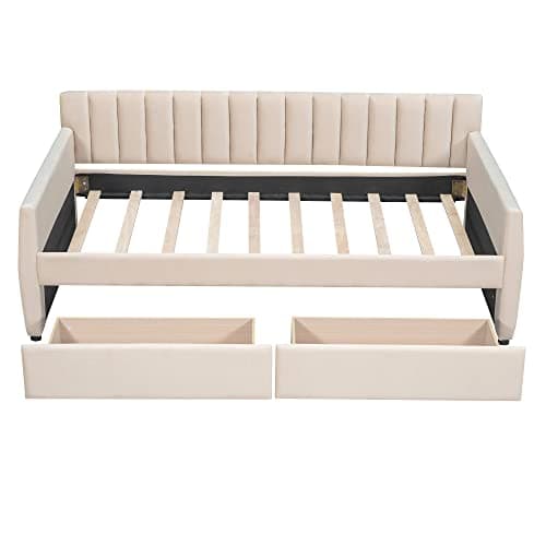 Upholstered Daybed with Storage Drawers, Velvet Sofa Bed Daybed (Twin Size, Beige)