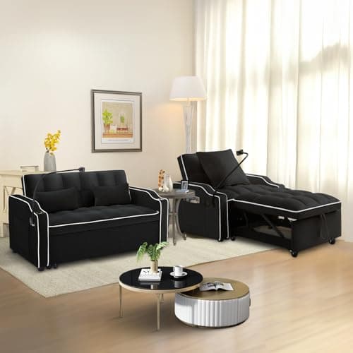 Modern Black Velvet 3-in-1 Sleeper Sofa Bed with USB Ports & Adjustable Backrest