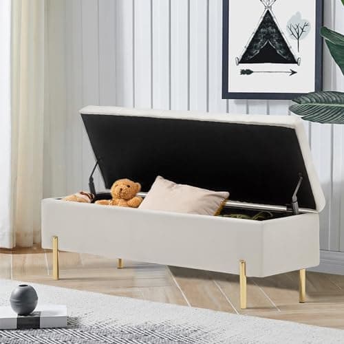 Ivory Upholstered Tufted Velvet Storage Bench for Living Room Entryway