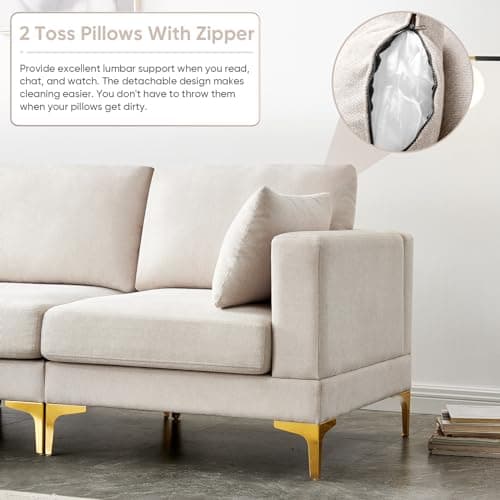 JEEOHEY Gold Metal Legs 3 Seat Oversized L-Shaped Sectional Sofa, Beige
