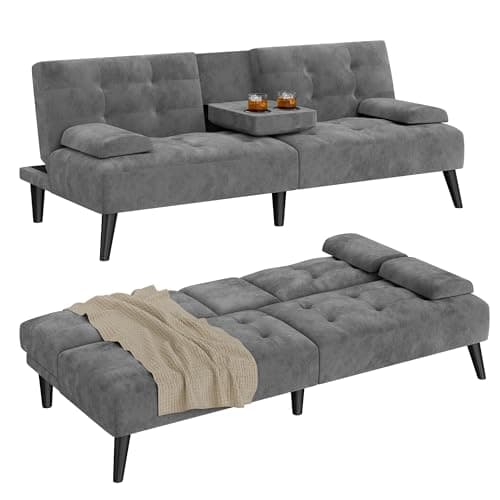 Shintenchi Dark Gray Velvet Reclining Sofa Bed with Foldable Arms