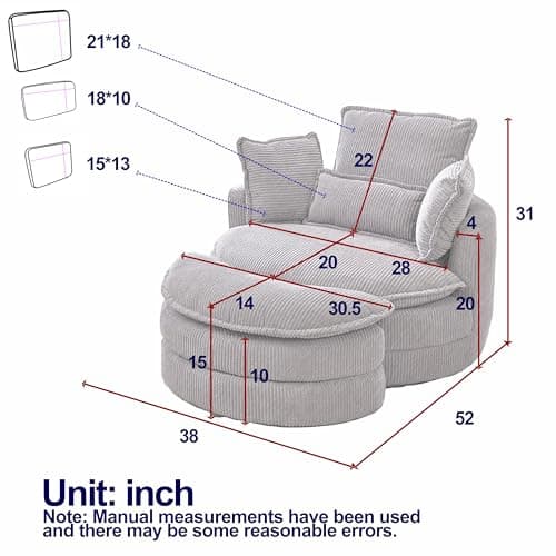 Oversized Grey Swivel Chair with Moon Ottoman & 4 Pillows